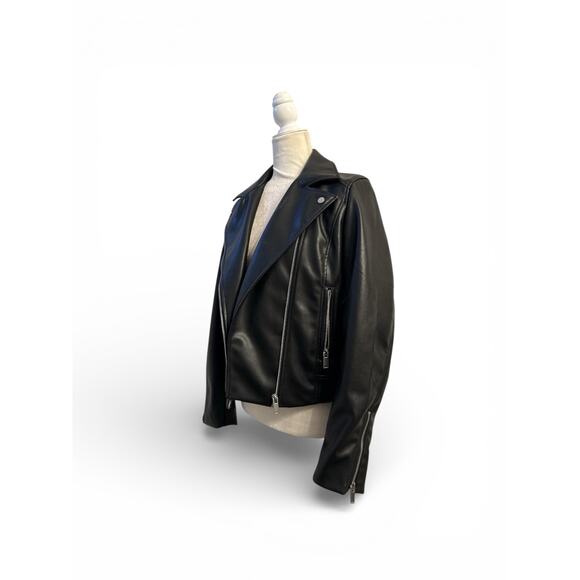 H&M women’s black faux-leather asymmetric zip moto jacket Size Small - Picture 3 of 8